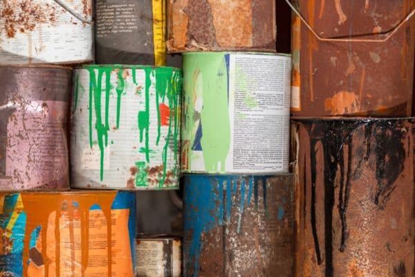 Stacked used paint cans