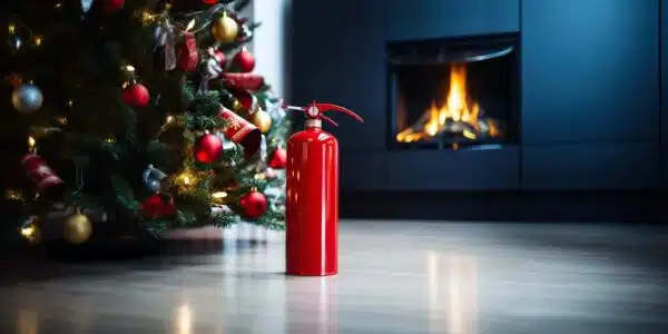 Image of a red fire extinguisher stands on the floor near the christmas tree, concept of holiday decoration